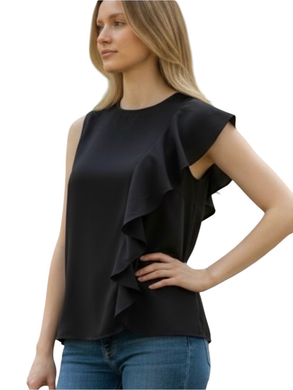 RACHEL Rachel Roy Black Ruffle-Accent Sleeveless Top 0X